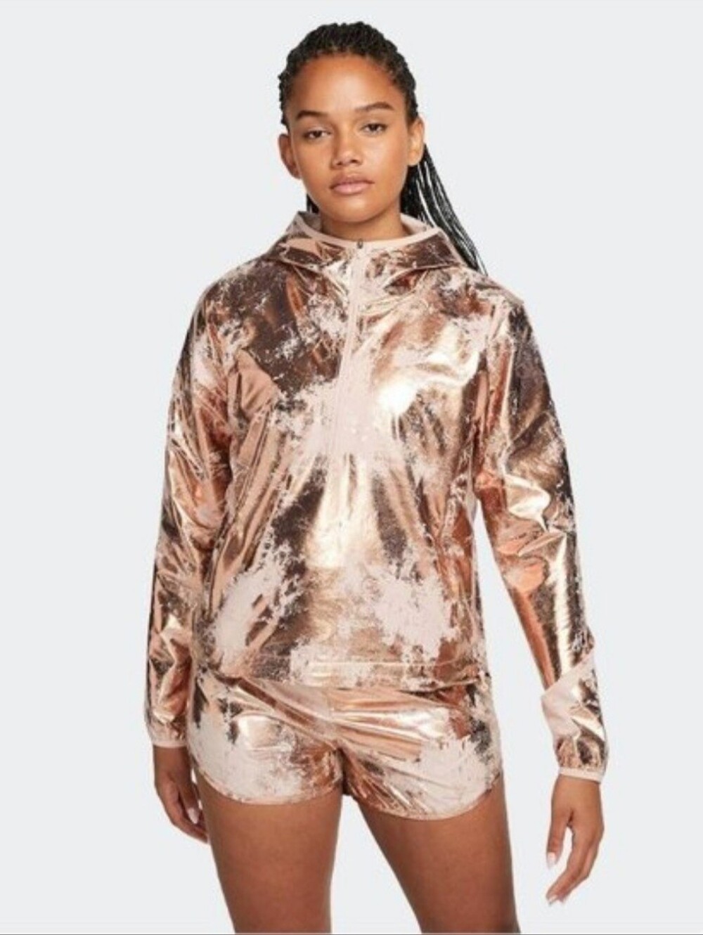 Nike Air Metallic Foil Pink Oxford Rose Gold Running Jacket Hoodie & Shorts Set
